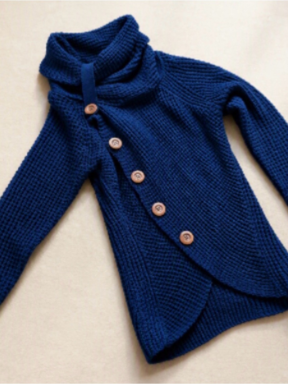 Grecerelle Navy Waffle Knit Asymmetrical Cardigan Cowl Collar Size M